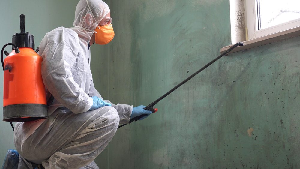 Man in hazmat suit and glasses spraying for mold remediation in a building