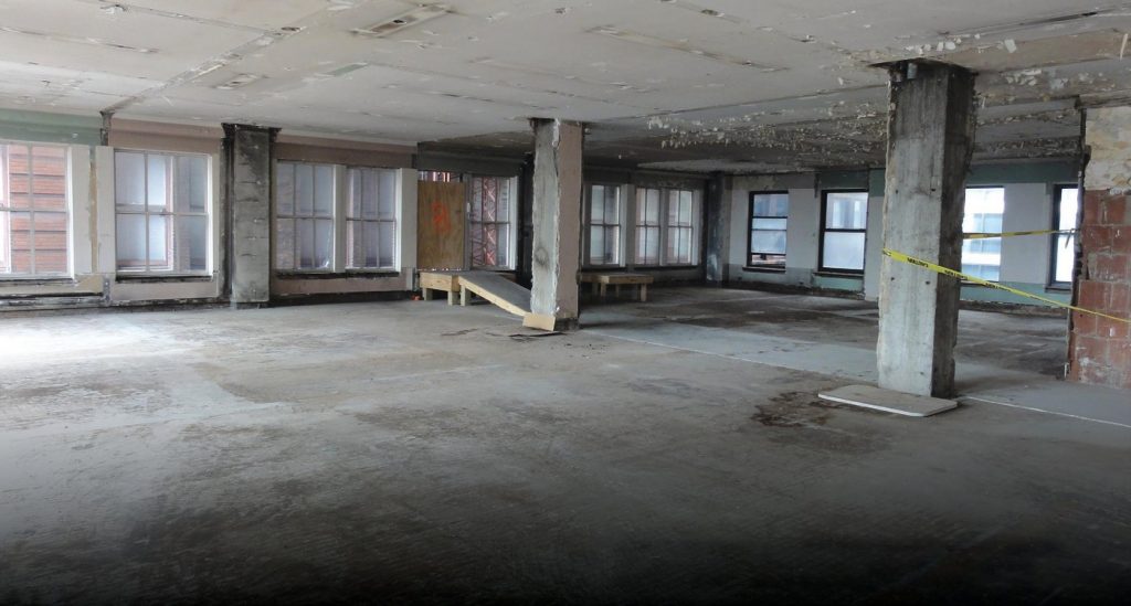 interior of a stripped out building in downtown cincinnati