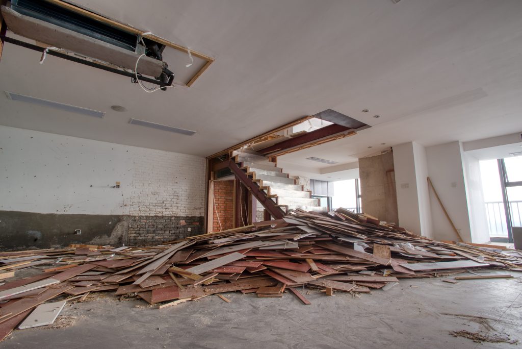 Selective demolition site scene of an older commercial office building