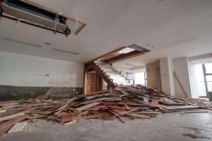 Selective demolition site scene of an older commercial office building